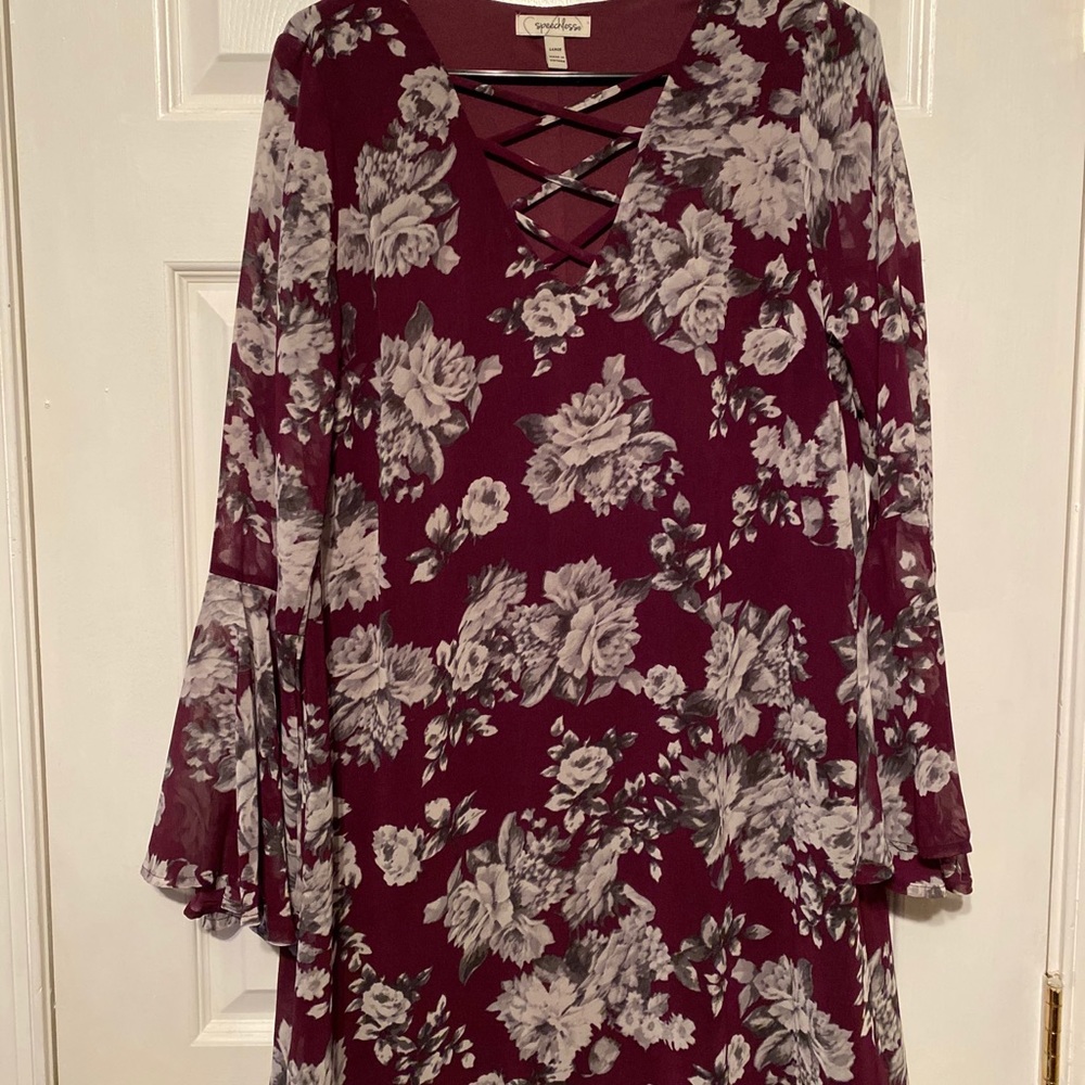 Burgundy dress with gray flowers